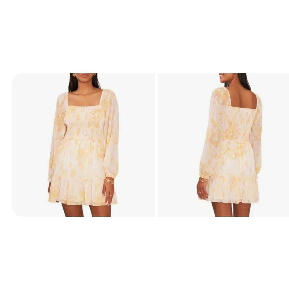 1.State Women's Blouson Sleeve Square Neck Floral Smocked Dress NWT Medium